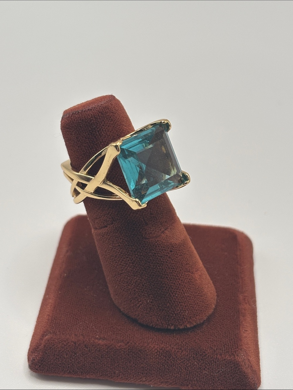 Gold Tone Openwork Statement Ring Large Square Aqua Blue Crystal 6.5